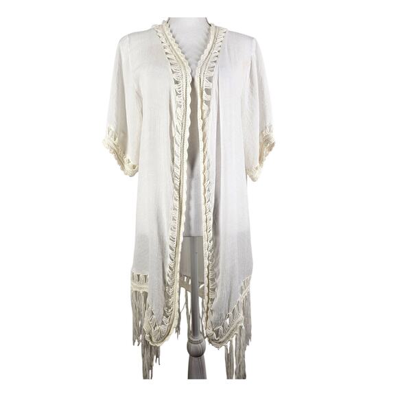 VIVID IMPORTERS WHITE CROCHET FRINGE COVER-UP CARDIGAN – SIZE L – BOHO STYLE - Picture 12 of 13